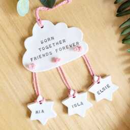 Born Together Friends Forever, Personalised Twins Baby Gift, Cloud Nursery Decoration, Triplets, Baby's Christening Day, Siblings Keepsake - thumbnail 2