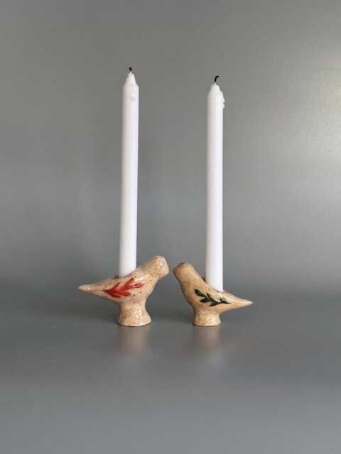Handmade Ceramic Bird Candle Holders Set Minimalist Speckled Clay Decor - image 1