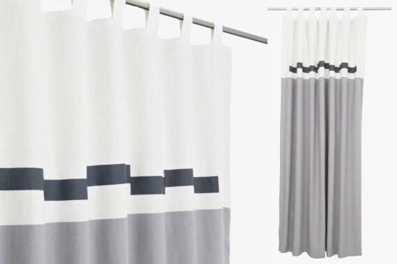 Mid Century Geometric Curtains, White Black Gray Modern Linen Drapes, Blackout Bedroom Panels, Colour Block Minimalist Curtains With Lining - image 1