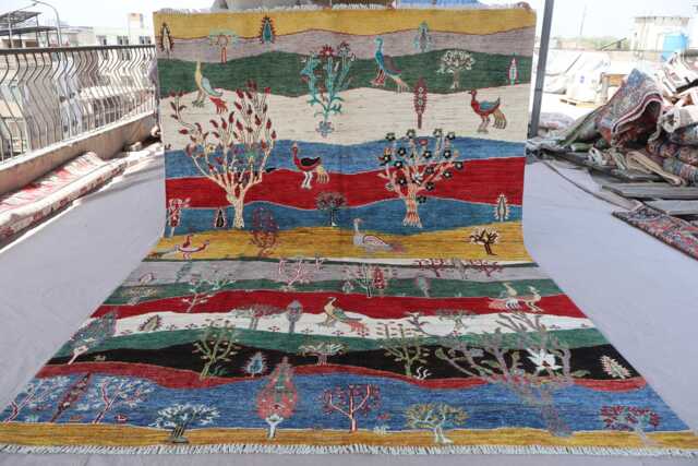 7x10 Gabbeh Pictorial Rug, Peacock Birds Trees Afghan Hand Knotted Veg Dyes Wool Area Home Decor Carpet, Living Room Rug - image 1