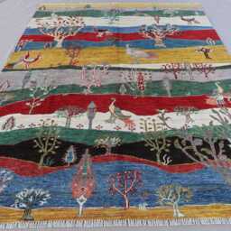 7x10 Gabbeh Pictorial Rug, Peacock Birds Trees Afghan Hand Knotted Veg Dyes Wool Area Home Decor Carpet, Living Room Rug - thumbnail 3