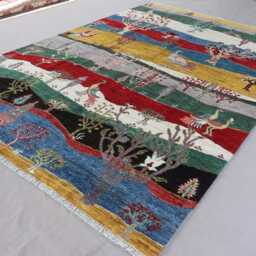 7x10 Gabbeh Pictorial Rug, Peacock Birds Trees Afghan Hand Knotted Veg Dyes Wool Area Home Decor Carpet, Living Room Rug - thumbnail 2