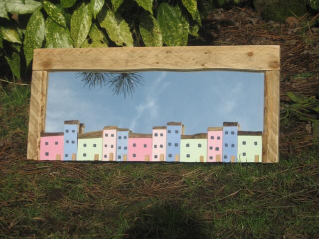 "Unique Hand Painted Coloured Driftwood Cottage Houses Mirror Title ""Sweet Acres"
