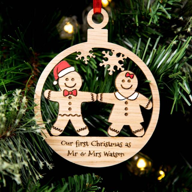 Couples First Christmas Tree Decoration, Personalised Bauble, Wood Engraved Xmas Ornament, 1st As Mr & Mrs - image 1