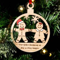 Couples First Christmas Tree Decoration, Personalised Bauble, Wood Engraved Xmas Ornament, 1st As Mr & Mrs - thumbnail 1