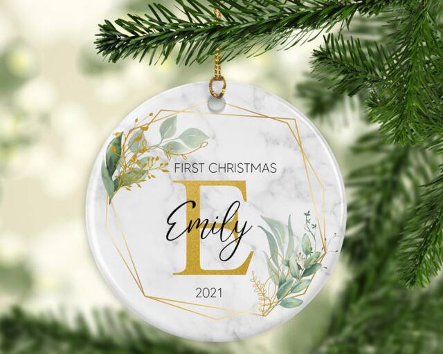 Personalised Baby's First Christmas Ornament Eucalyptus Greenery Marble Ceramic Keepsake - image 1