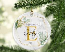 Personalised Baby's First Christmas Ornament Eucalyptus Greenery Marble Ceramic Keepsake