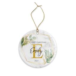 Personalised Baby's First Christmas Ornament Eucalyptus Greenery Marble Ceramic Keepsake - thumbnail 3