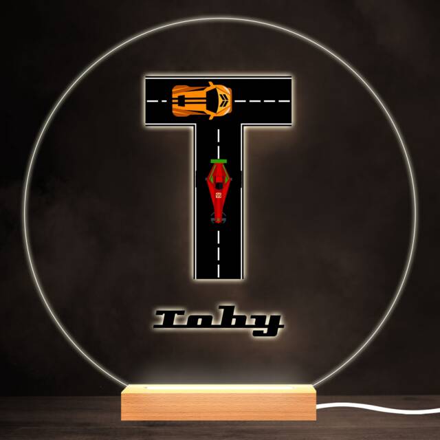 Road Racing Cars Letter T Colourful Round Personalised Gift Led Lamp Night Light - Bedroom - image 1