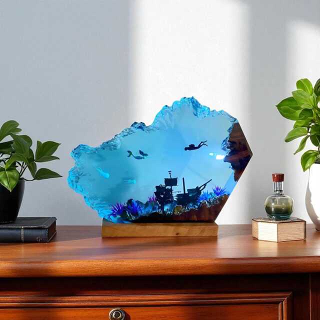 Manta Ray Night Light Ocean Theme Mermaid & Diver Scene Led Lamp - image 1