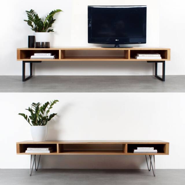 "In Stock - Mid Century Low Wide Tv Stand Or Coffee Table. Large Minimalist Solid Oak On Hairpin Or Square Legs ""Marston Oak" - image 1