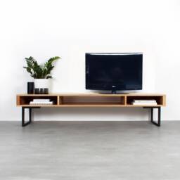 "In Stock - Mid Century Low Wide Tv Stand Or Coffee Table. Large Minimalist Solid Oak On Hairpin Or Square Legs ""Marston Oak" - thumbnail 3