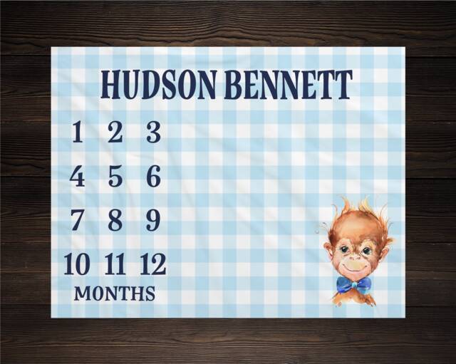 Milestone Blanket Personalized Monthly Growth Tracker Custom Baby Shower Gift For New Mom Gingham Plaid Newborn Nursery Monkey - image 1