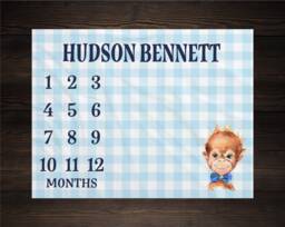 Milestone Blanket Personalized Monthly Growth Tracker Custom Baby Shower Gift For New Mom Gingham Plaid Newborn Nursery Monkey - thumbnail 1