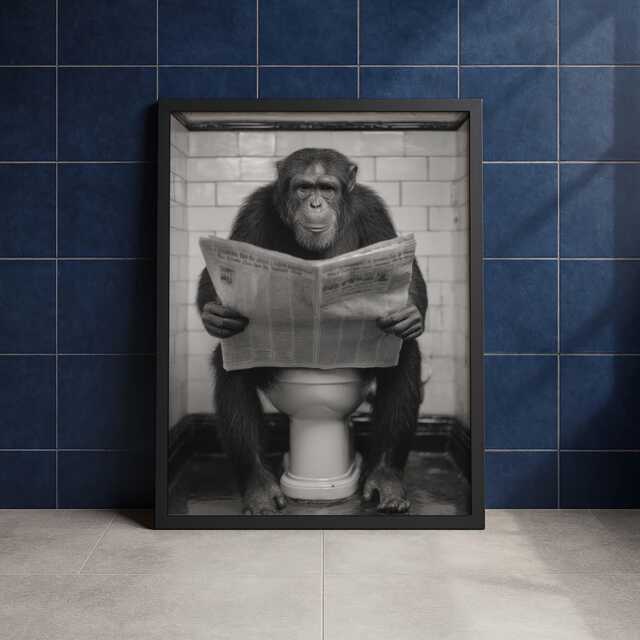 Funny Chimpanzee Wall Art Print - Quirky Bathroom Poster Black & White Monkey Artwork A3 A4 Toilet D??cor Gift For Him - image 1