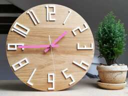 Large Wood Wall Clock, Oak, 13, 19Inch, Gift, Unique Wall Pink Hands, Modern Silent, Decor