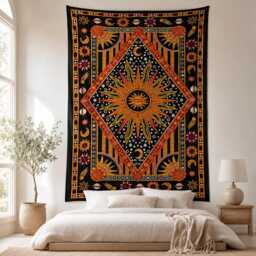 Yellow & Black Celestial Sun Tapestry, Moon & Stars Wall Hanging, Boho Bedroom Decor, Astrology Fabric Art, Cotton 54x84 Inch