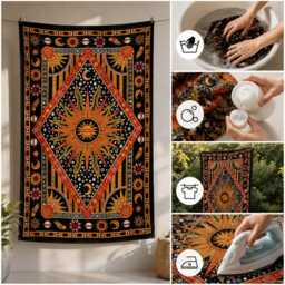 Yellow & Black Celestial Sun Tapestry, Moon & Stars Wall Hanging, Boho Bedroom Decor, Astrology Fabric Art, Cotton 54x84 Inch - thumbnail 4