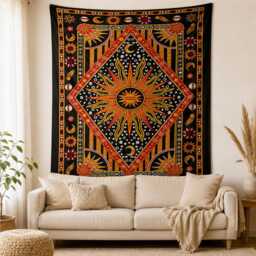 Yellow & Black Celestial Sun Tapestry, Moon & Stars Wall Hanging, Boho Bedroom Decor, Astrology Fabric Art, Cotton 54x84 Inch - thumbnail 2