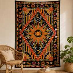 Yellow & Black Celestial Sun Tapestry, Moon & Stars Wall Hanging, Boho Bedroom Decor, Astrology Fabric Art, Cotton 54x84 Inch - thumbnail 3