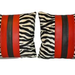"2 Zebra Red & Black Faux Fur Leather Cushions 16"" 18"" 20" - thumbnail 2