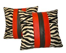 "2 Zebra Red & Black Faux Fur Leather Cushions 16"" 18"" 20"