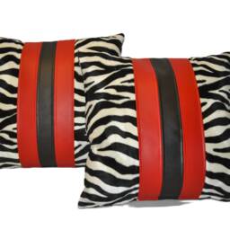 "2 Zebra Red & Black Faux Fur Leather Cushions 16"" 18"" 20" - thumbnail 4