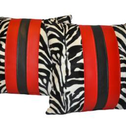 "2 Zebra Red & Black Faux Fur Leather Cushions 16"" 18"" 20" - thumbnail 3