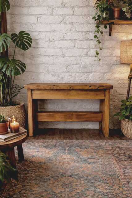 Handmade Solid Wood Rustic Bench Farmhouse Entryway Seating, Natural Grain Accent - image 1