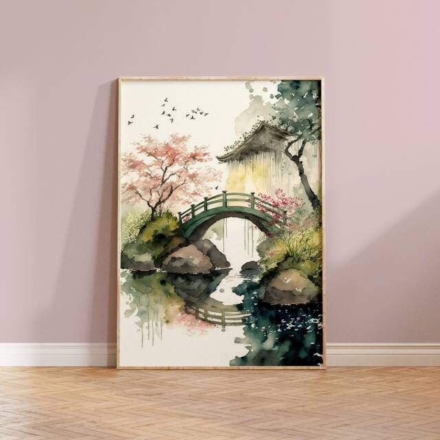 Japanese Watercolor Print Sakura Tree, Bridge, Nature Art - image 1