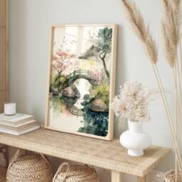 Japanese Watercolor Print Sakura Tree, Bridge, Nature Art - thumbnail 2