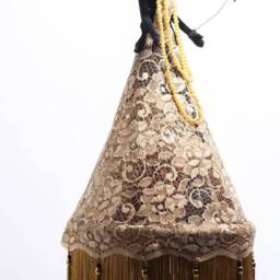 Ooak Art Doll Lamp Handmade Clay Face, Vintage Fabric Dress - thumbnail 2