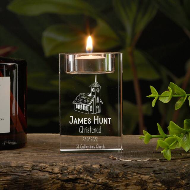Personalised Christening Keepsake Tea Light Candle Holder With Church Design - image 1