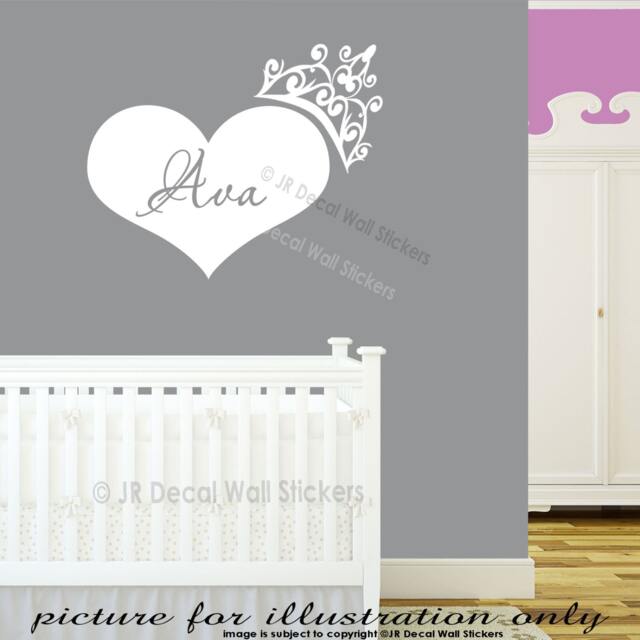 Custom Name Heart Shaped Wall Art Decals Princess Crown Girls Bedroom Vinyl Stickers Pr2 - image 1