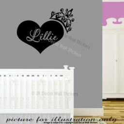 Custom Name Heart Shaped Wall Art Decals Princess Crown Girls Bedroom Vinyl Stickers Pr2 - thumbnail 3