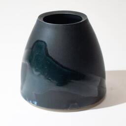 Hand Thrown Vase Form Stoneware Fired in A Satin Finish Semi-Matte Black Glaze With High Gloss Blue Volcanic Splash - thumbnail 3