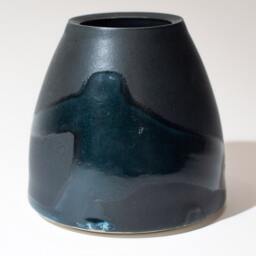 Hand Thrown Vase Form Stoneware Fired in A Satin Finish Semi-Matte Black Glaze With High Gloss Blue Volcanic Splash - thumbnail 2