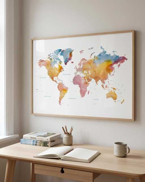 Orange & Blue Watercolor World Map Print - Bold Home Office Wall Art - image 1
