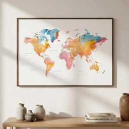 Orange & Blue Watercolor World Map Print - Bold Home Office Wall Art - thumbnail 4