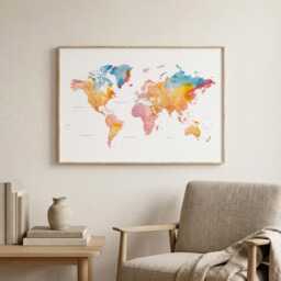 Orange & Blue Watercolor World Map Print - Bold Home Office Wall Art - thumbnail 3