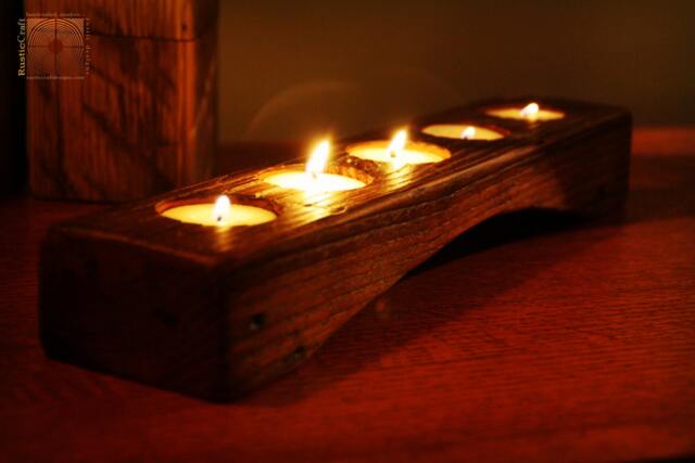 Personalized Rustic Wood Tea Light Candle Holder - Curved 5-Tealight Decor - image 1