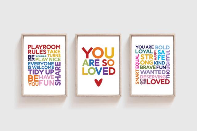 Set Of 3 Playroom Prints, Rainbow Nursery Wall Art, Boys Bedroom Girls Prints