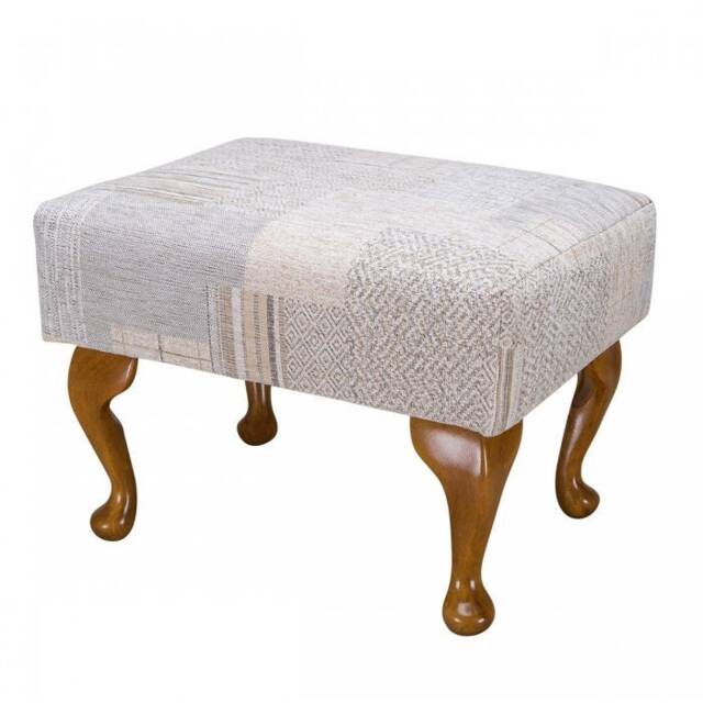 Handmade Small Footstool in Linen Patchwork Fabric - Maida Vale Upholstered British Custom Made - image 1