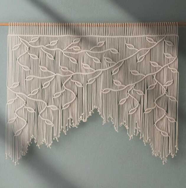 Macrame Leaves Curtain, Boho Window Neutral Wall Art, Door Valance, Housewarming Gift, Backdrop, Room Decor Aesthetic C02 - image 1