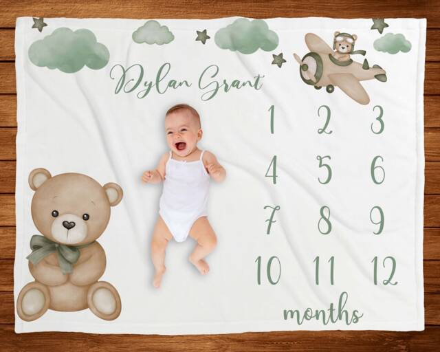 Sage Green Milestone Blanket Teddy Bear Gender Neutral Minky Clouds Baby Age Monthly Growth Tracker New Shower Gift - image 1