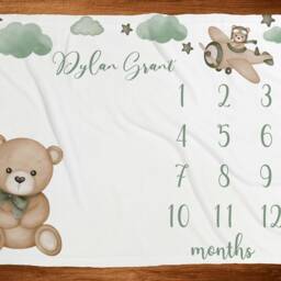 Sage Green Milestone Blanket Teddy Bear Gender Neutral Minky Clouds Baby Age Monthly Growth Tracker New Shower Gift - thumbnail 2