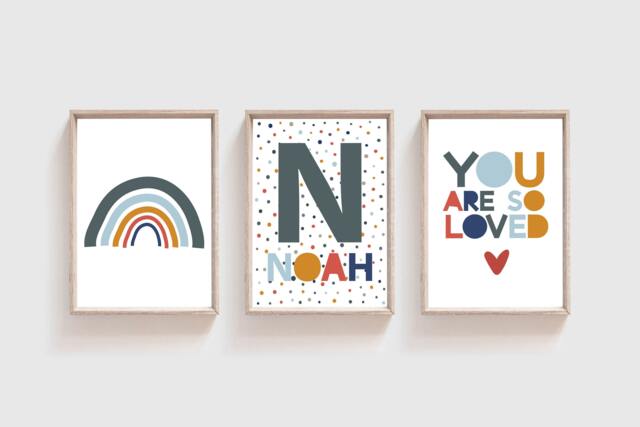 Set Of 3 Boys Nursery Prints, You Are Loved Print, Name Rainbow, Bedroom Decor, Wall Art, Playroom - image 1