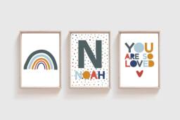 Set Of 3 Boys Nursery Prints, You Are Loved Print, Name Rainbow, Bedroom Decor, Wall Art, Playroom - thumbnail 1
