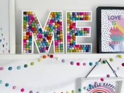 Felt Ball Wooden Letters, Rainbow Pom Nursery Decor - thumbnail 1