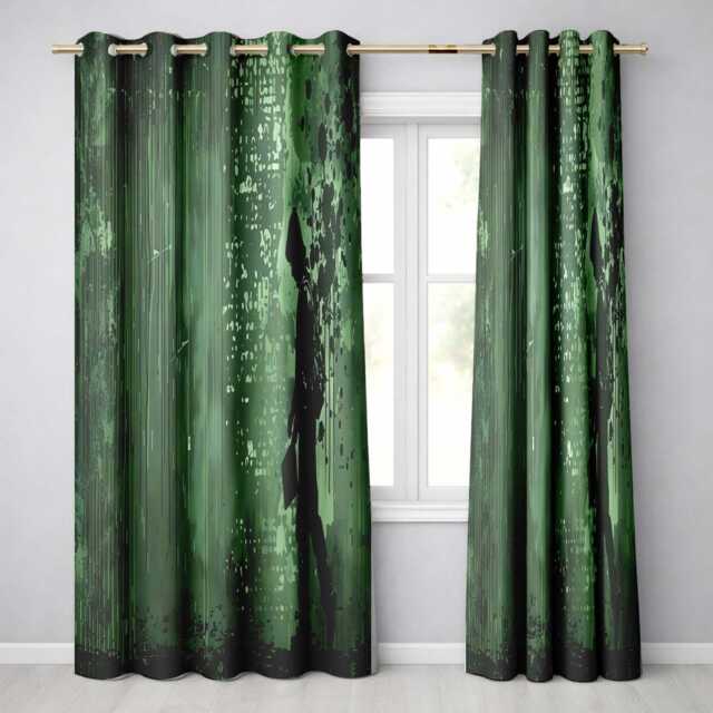 Green Rainy Traveller Silhouette Street Art Stylish Unique Artwork For Home Decor Readymade Eyelet Ring Top Thermal 100% Blackout Curtains - image 1